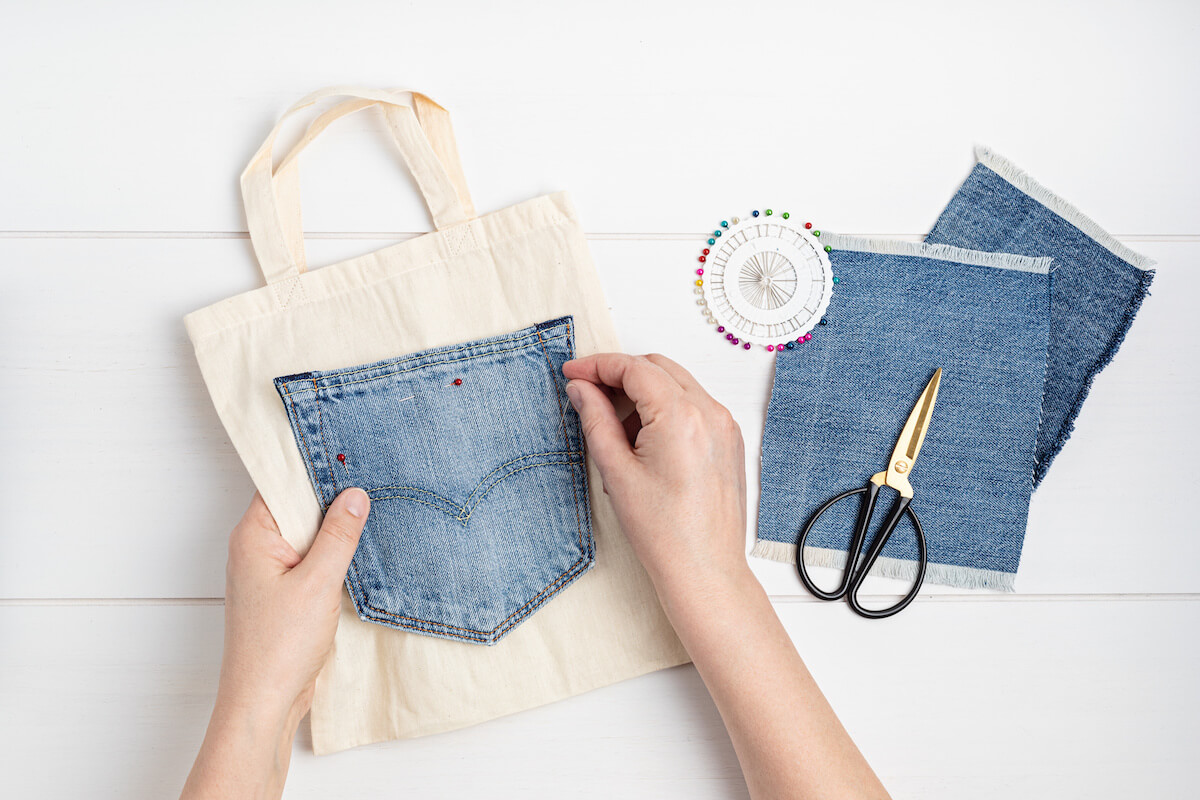 Crafting with denim, recycling old clothers, hobby, diy activity.