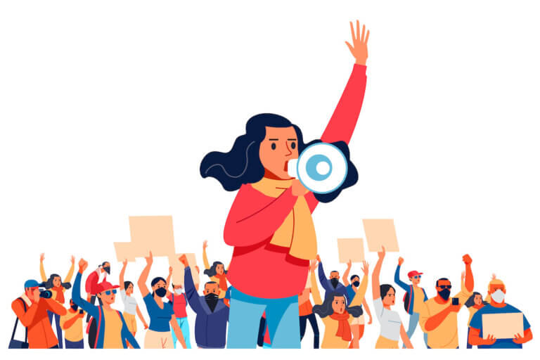 A young woman shouts through megaphones, supporting the protests against the background of discontented people protesting. Flat design colorful illustration isolated on white