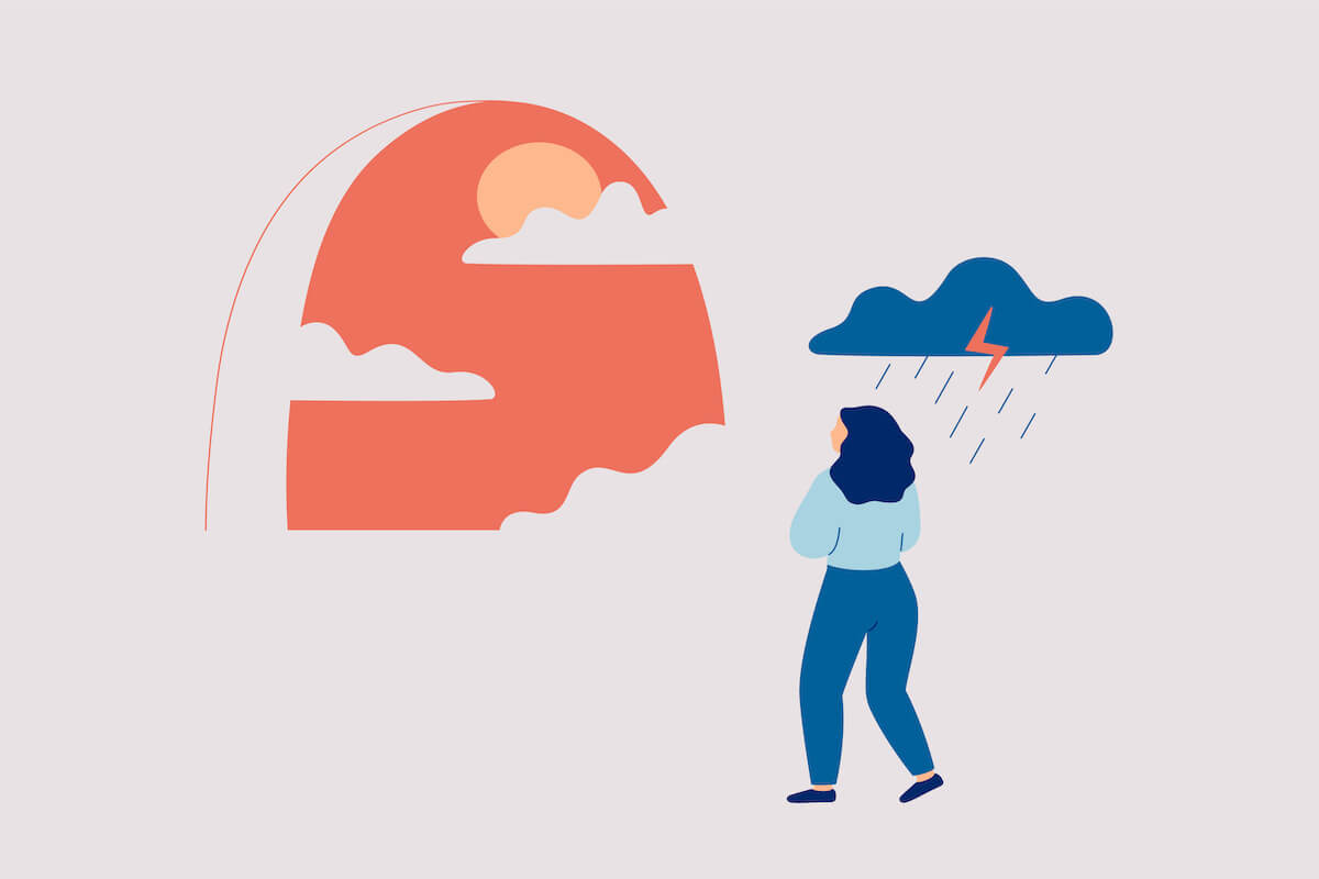 Woman wants to get rid of depression, fights anxiety and stress. Sad female stands under a rainy cloud and looks at the sunlight. Psychological concept of life improvement. Vector illustration