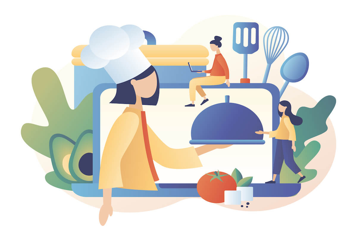 Illustration of cooking and eating healthy