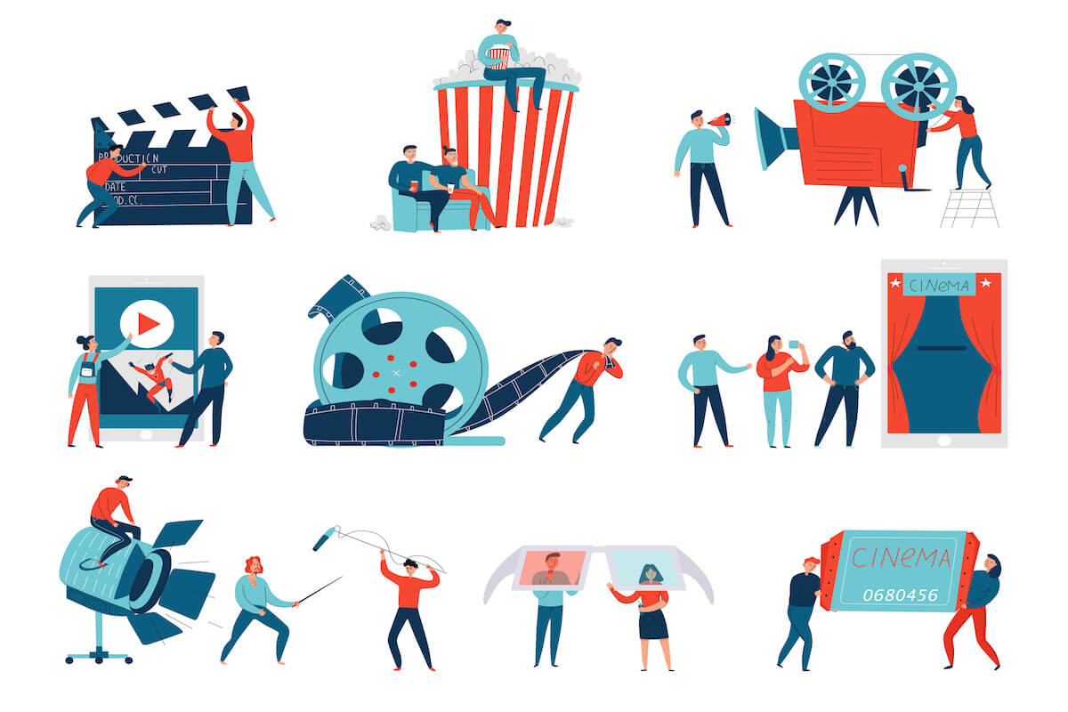 Colorful icons set with people at cinema and shooting team making film isolated on white background flat vector illustration