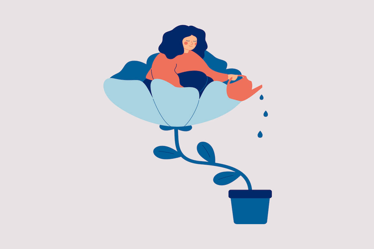 A happy woman sits in the flower and waters it. Smiling girl cares about herself and her future. Concept of love yourself and a healthy lifestyle. Vector illustration.