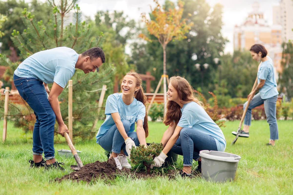 Young people girls and boy volunteers outdoors helping nature planting trees digging ground with shovel talking smiling cheerful 