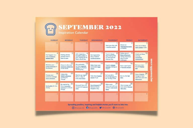 Toast Inspiration Calendar for September 2022 in a bright orange gradient