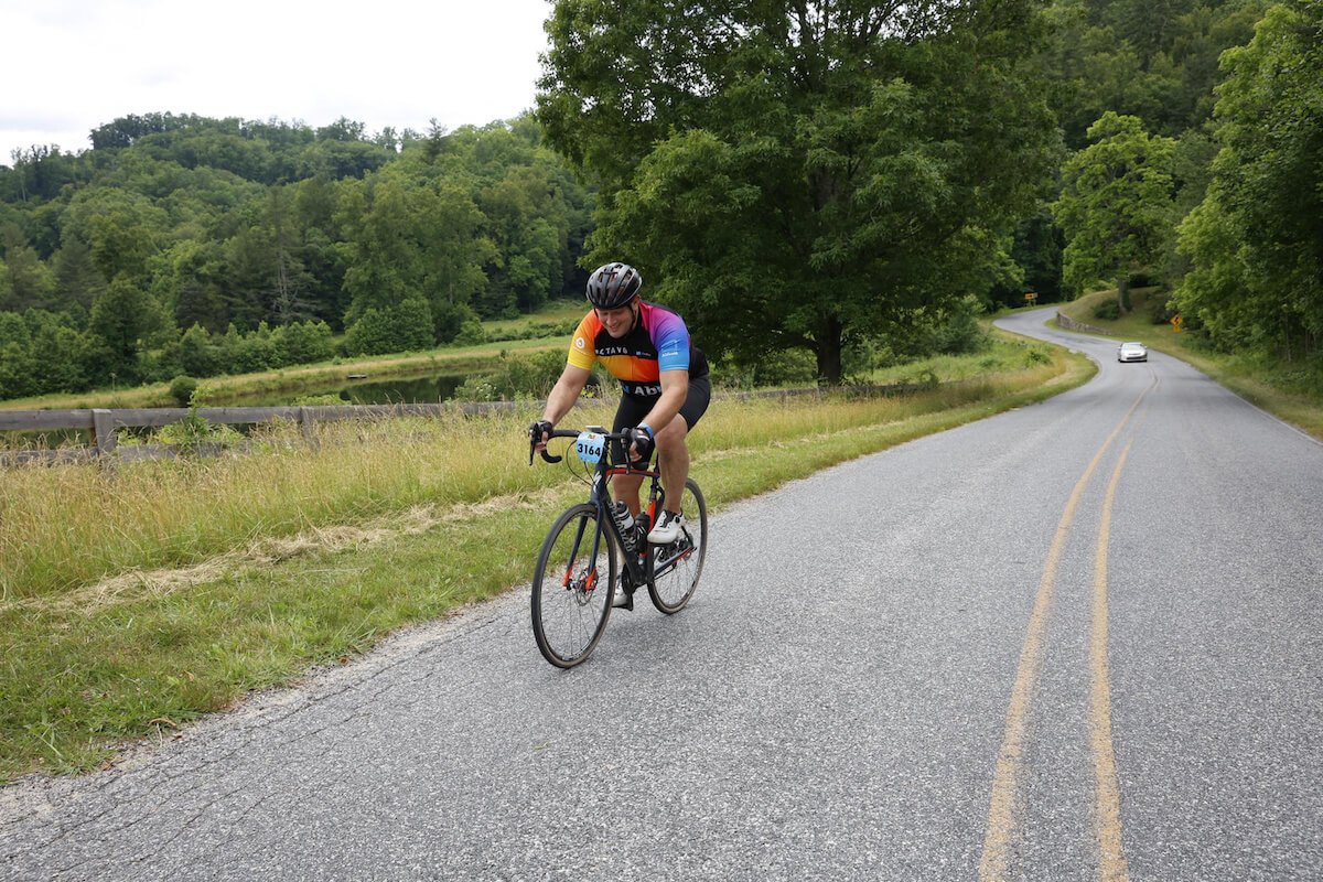 Endurance athlete Elliot Gatt riding in the Belgian Waffle Ride in Asheville, North Carolina in June 2022.