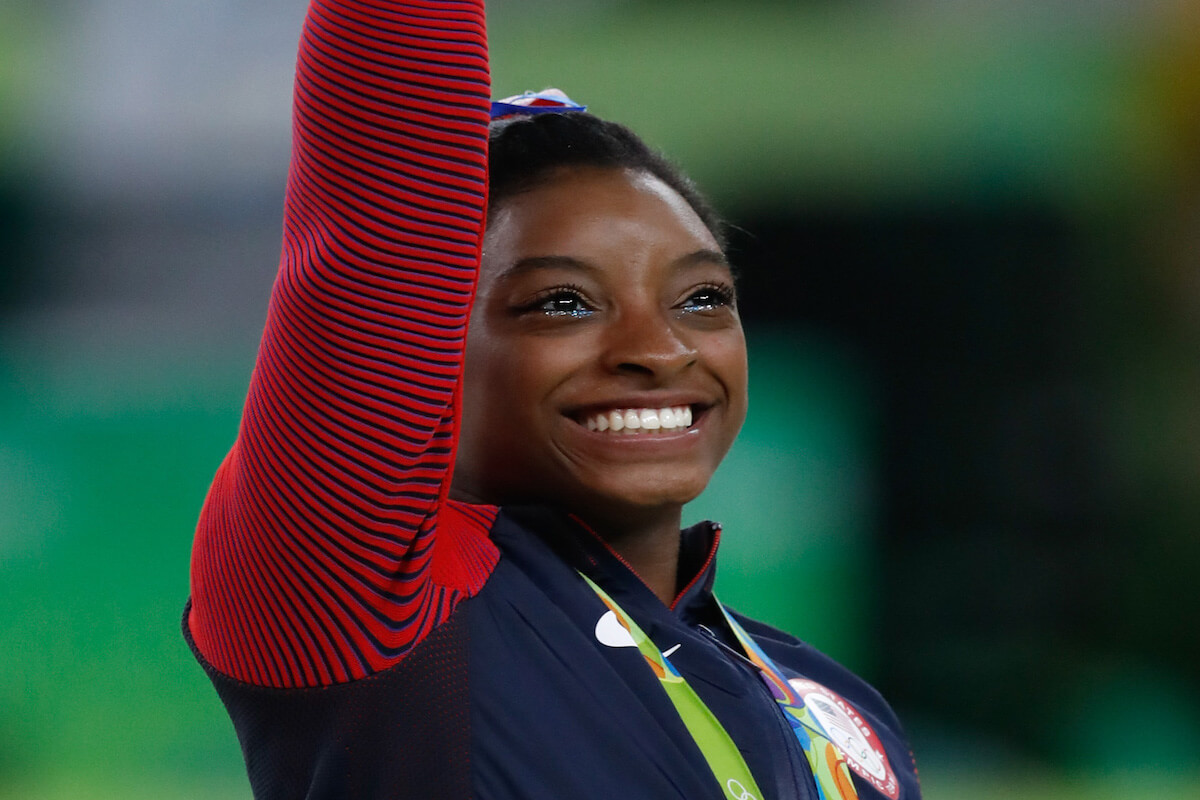 Simone Biles at the 2016 Olympics all-around gold medal podium